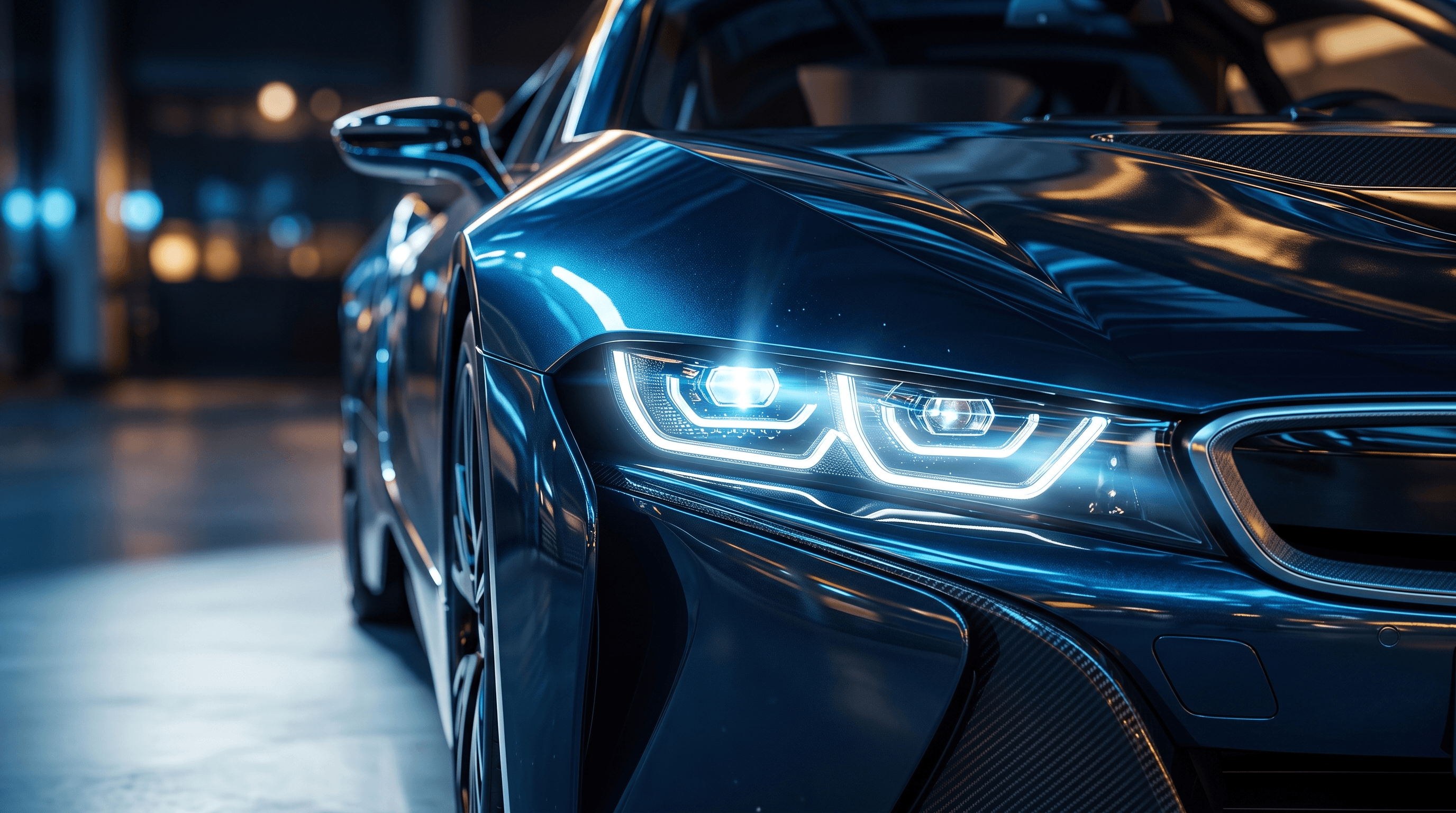 Dark sports car with restored, crystal-clear headlights illuminated at night
